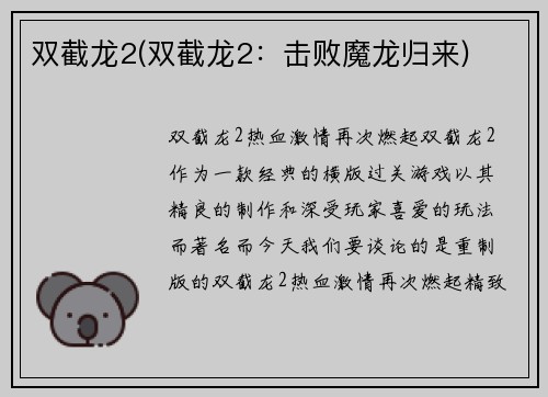 双截龙2(双截龙2：击败魔龙归来)